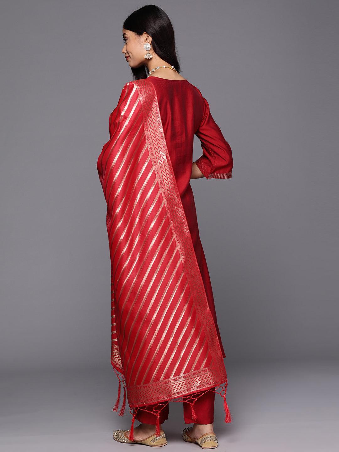 Red Solid Silk Blend Straight Suit With Dupatta