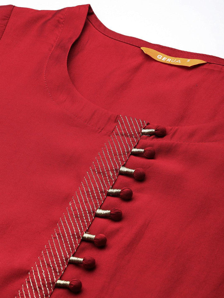 Red Solid Silk Blend Straight Kurta With Trousers & Dupatta - Libas