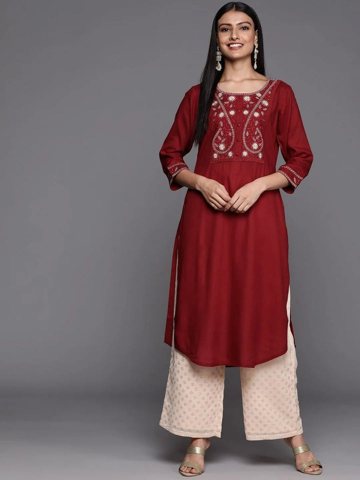 Red Yoke Design Rayon Straight Kurta - ShopLibas