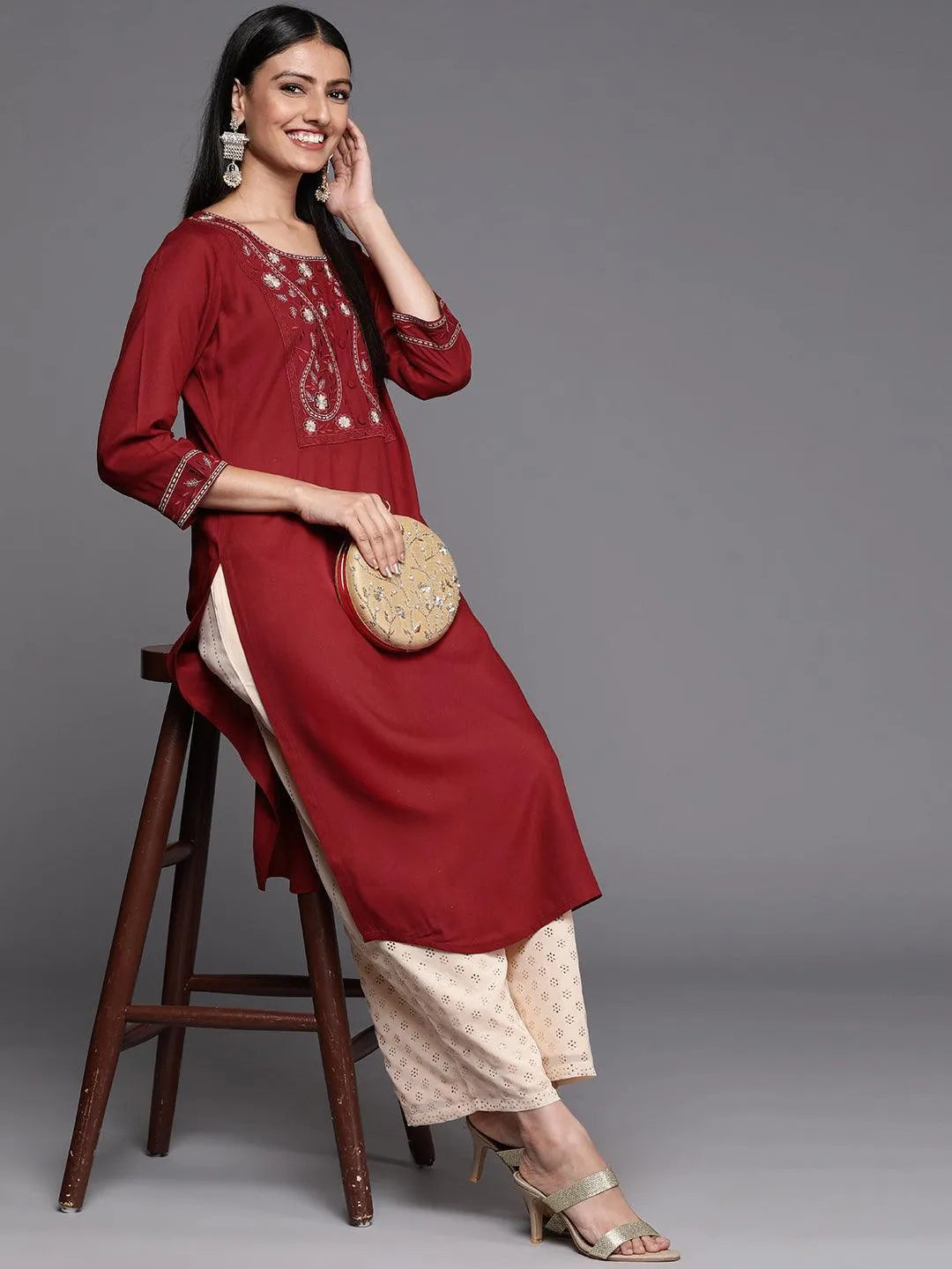 Red Yoke Design Rayon Straight Kurta - ShopLibas