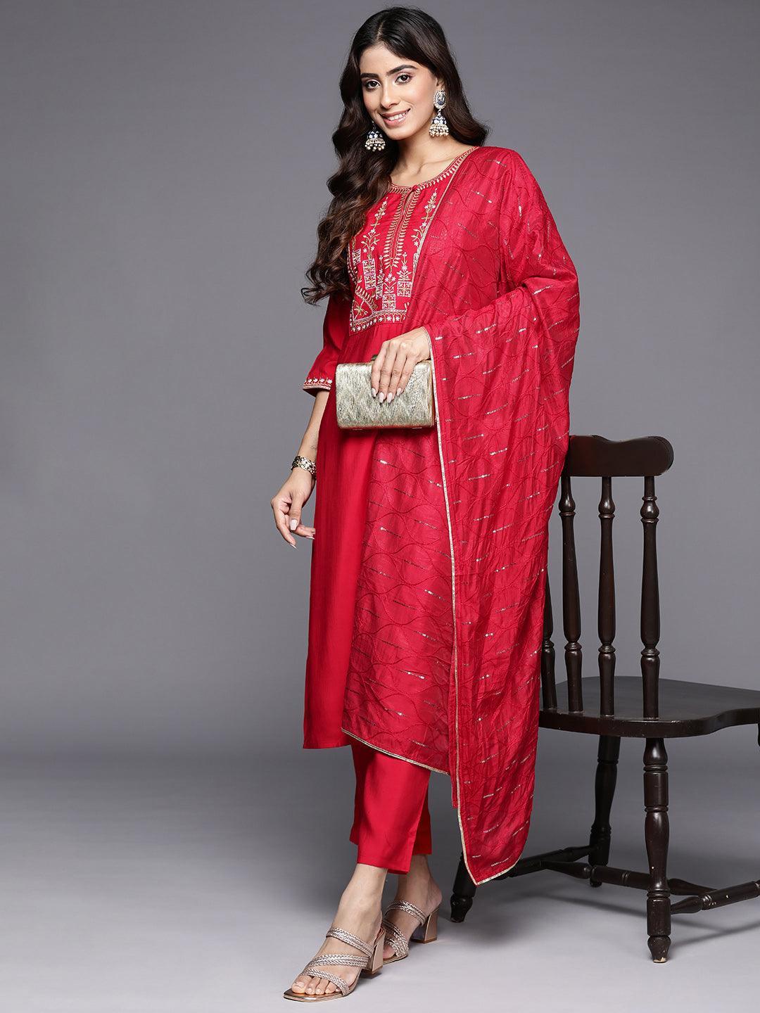 Red Yoke Design Silk Blend Straight Kurta With Trousers & Dupatta - Libas