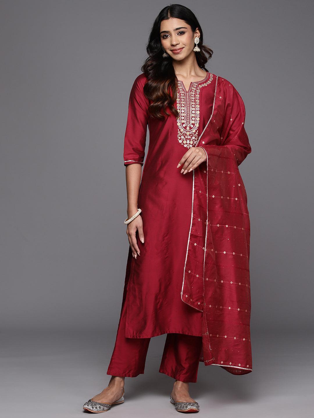 Red Yoke Design Silk Blend Straight Suit With Dupatta