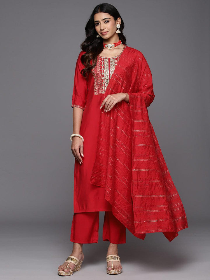 Red Yoke Design Silk Blend Straight Kurta With Trousers & Dupatta - Libas