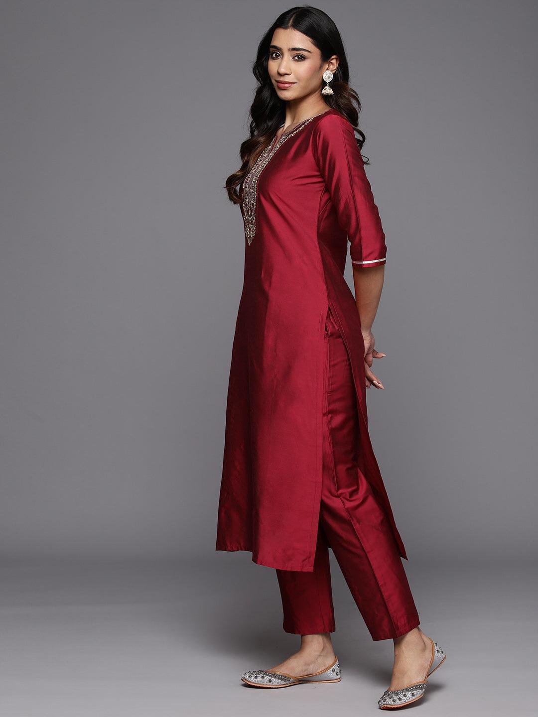 Red Yoke Design Silk Blend Straight Kurta With Trousers & Dupatta - Libas