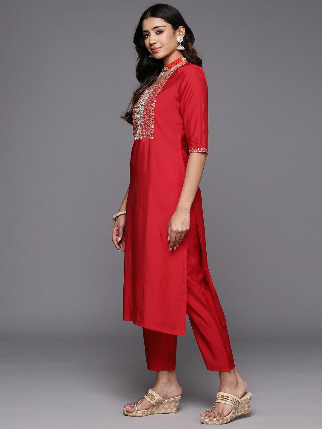 Red Yoke Design Silk Blend Straight Kurta With Trousers & Dupatta - Libas