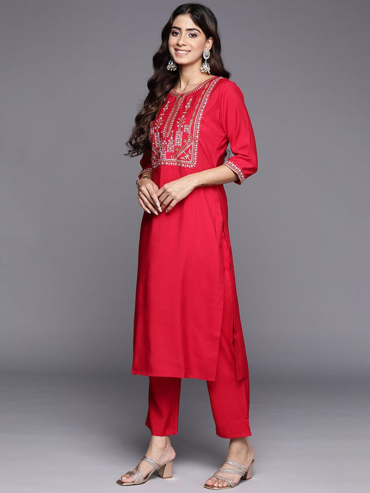 Red Yoke Design Silk Blend Straight Kurta With Trousers & Dupatta - Libas