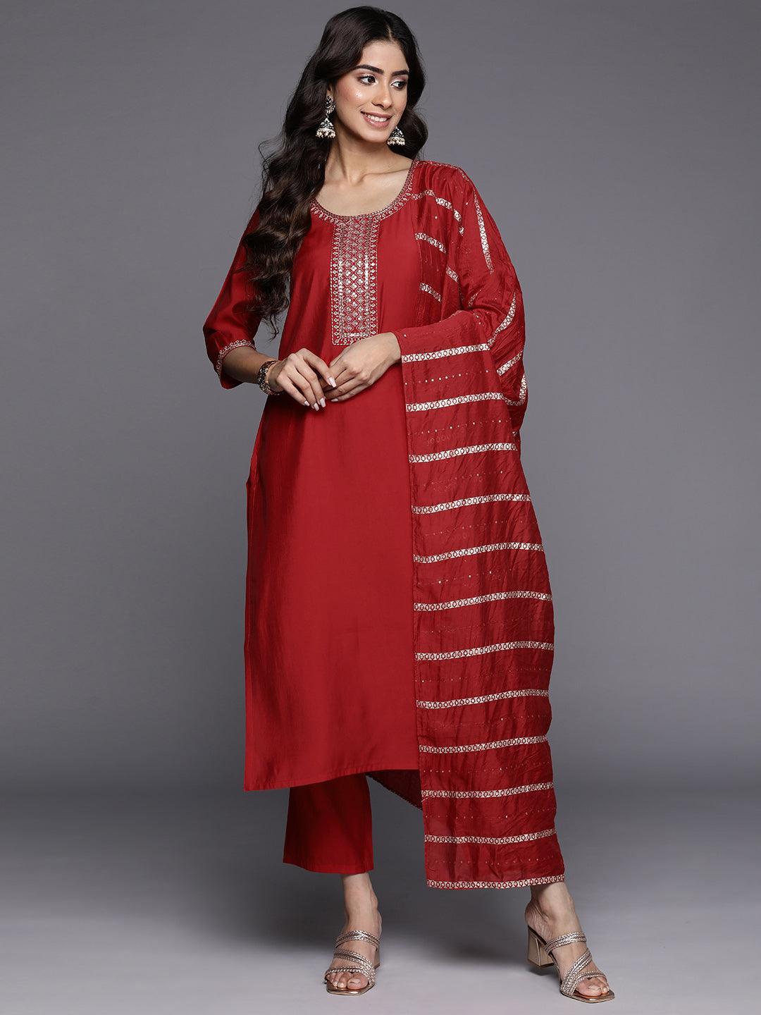 Red Yoke Design Silk Blend Straight Kurta With Trousers & Dupatta - Libas