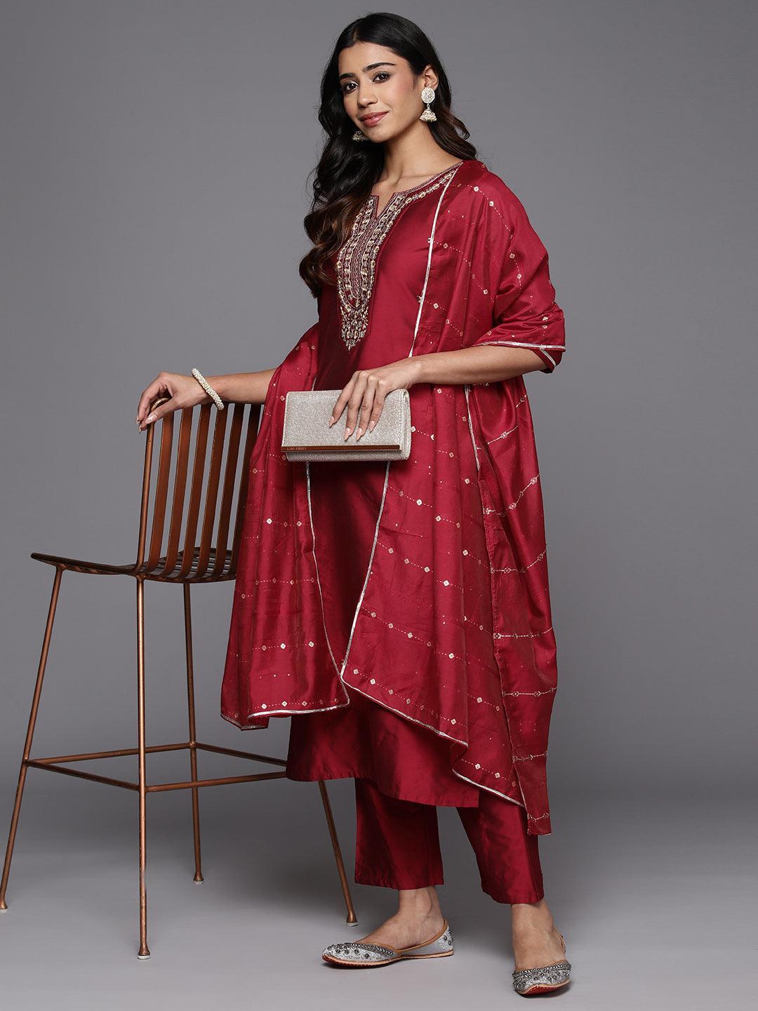 Red Yoke Design Silk Blend Straight Suit With Dupatta