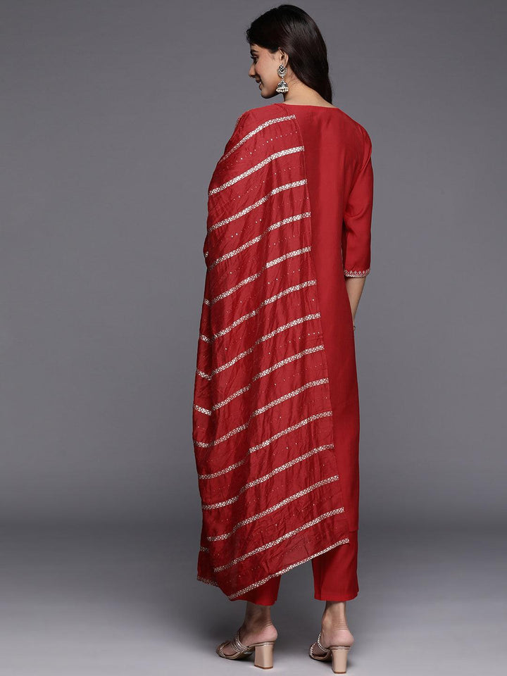 Red Yoke Design Silk Blend Straight Kurta With Trousers & Dupatta - Libas