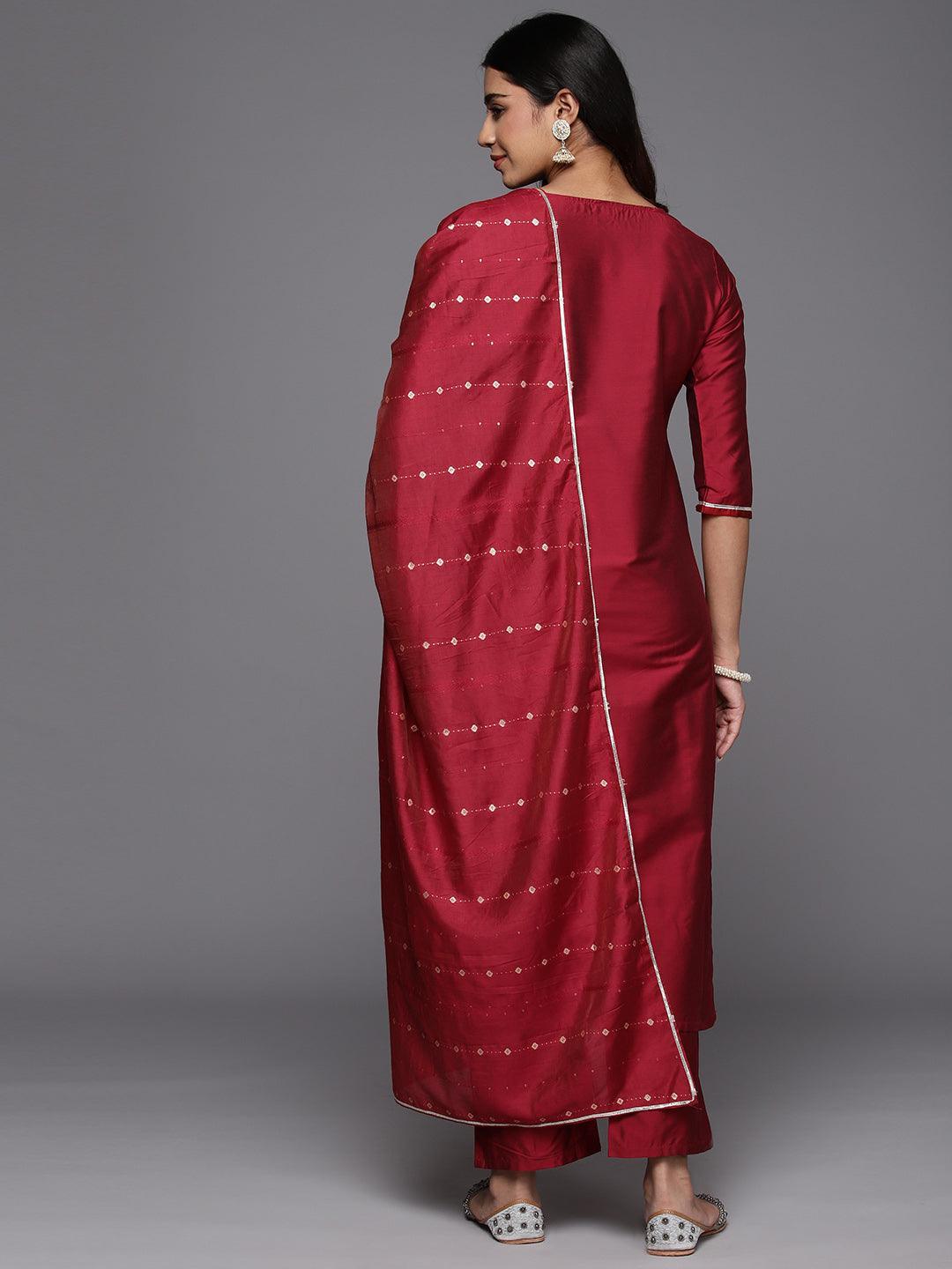 Red Yoke Design Silk Blend Straight Suit With Dupatta