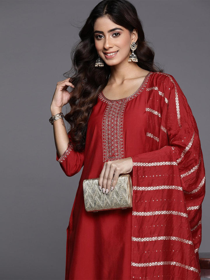 Red Yoke Design Silk Blend Straight Kurta With Trousers & Dupatta - Libas