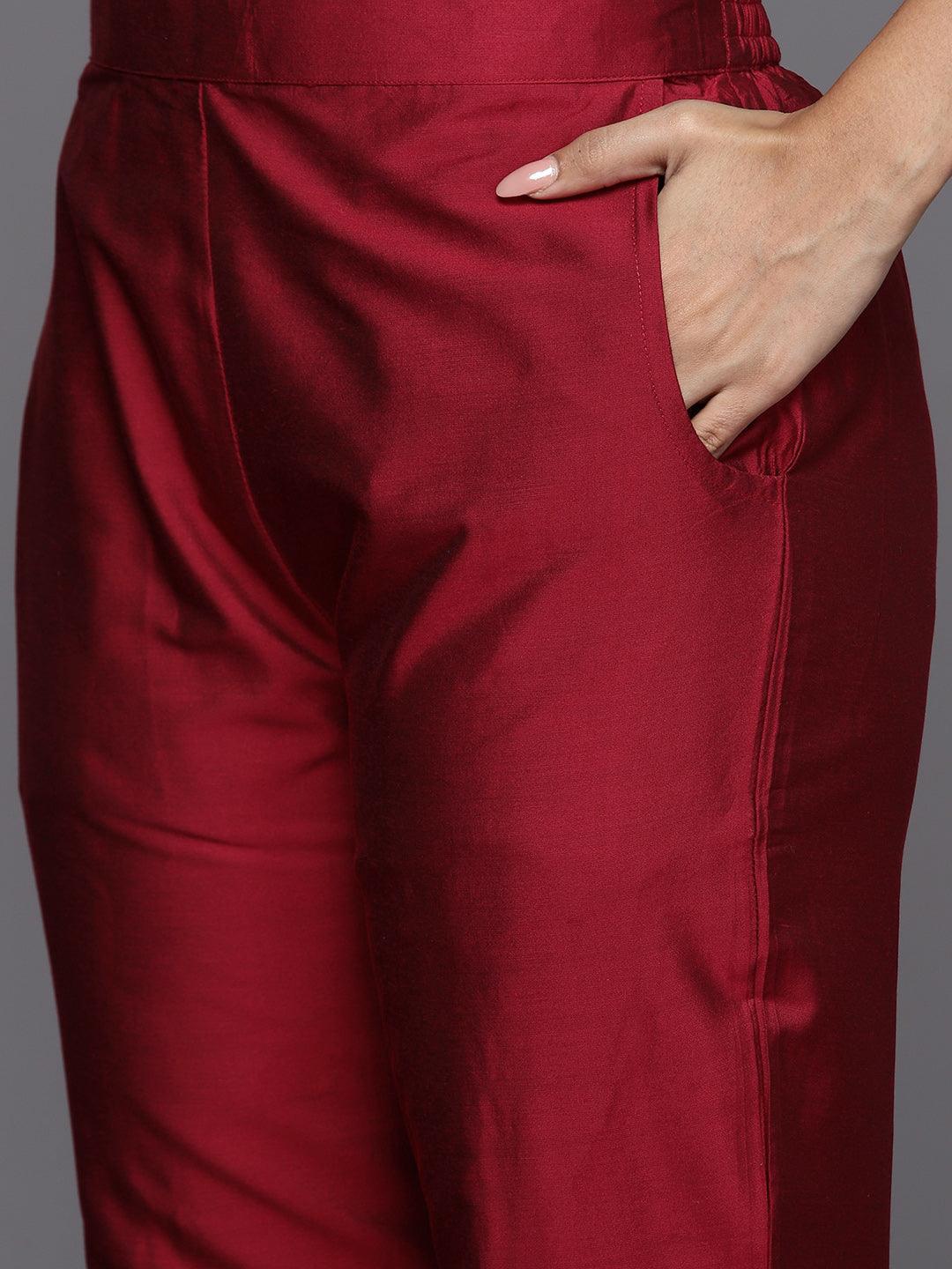 Red Yoke Design Silk Blend Straight Suit With Dupatta