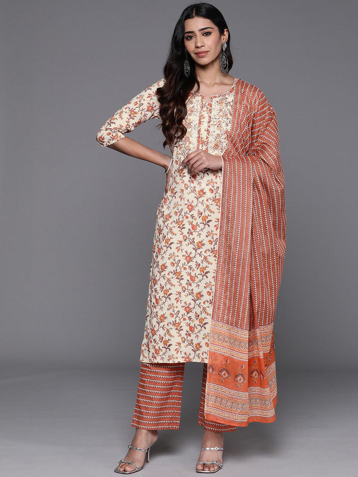 Rust Printed Cotton Straight Kurta With Palazzos & Dupatta - ShopLibas