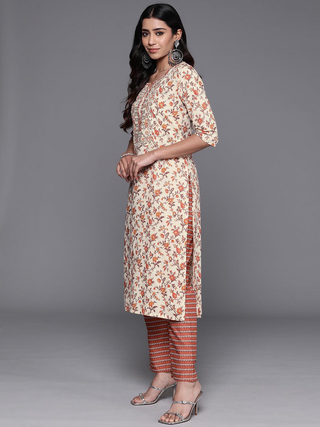 Rust Printed Cotton Straight Kurta With Palazzos & Dupatta - ShopLibas