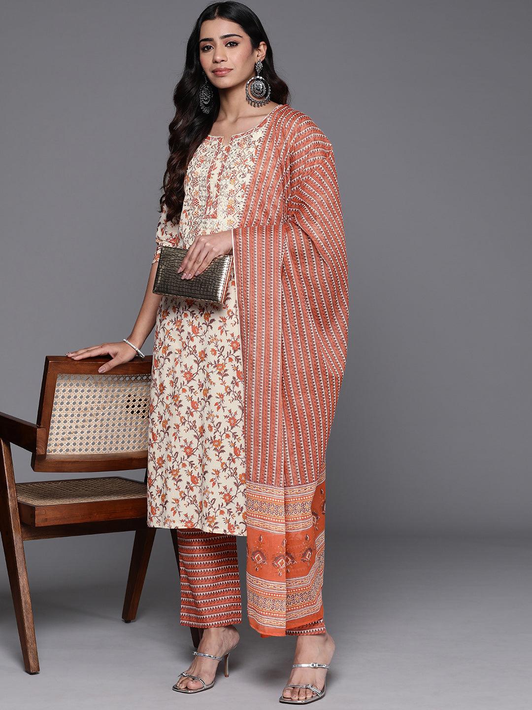 Rust Printed Cotton Straight Kurta With Palazzos & Dupatta - ShopLibas