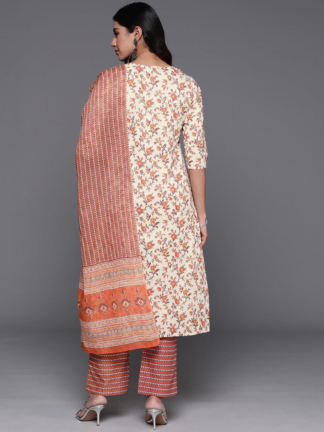 Rust Printed Cotton Straight Kurta With Palazzos & Dupatta - ShopLibas