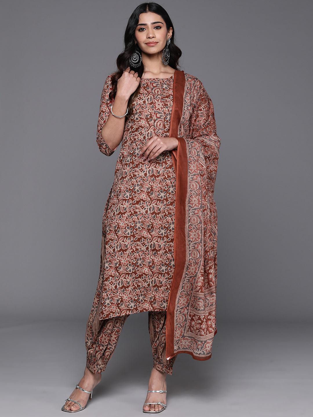 Rust Printed Cotton Straight Suit With Dupatta