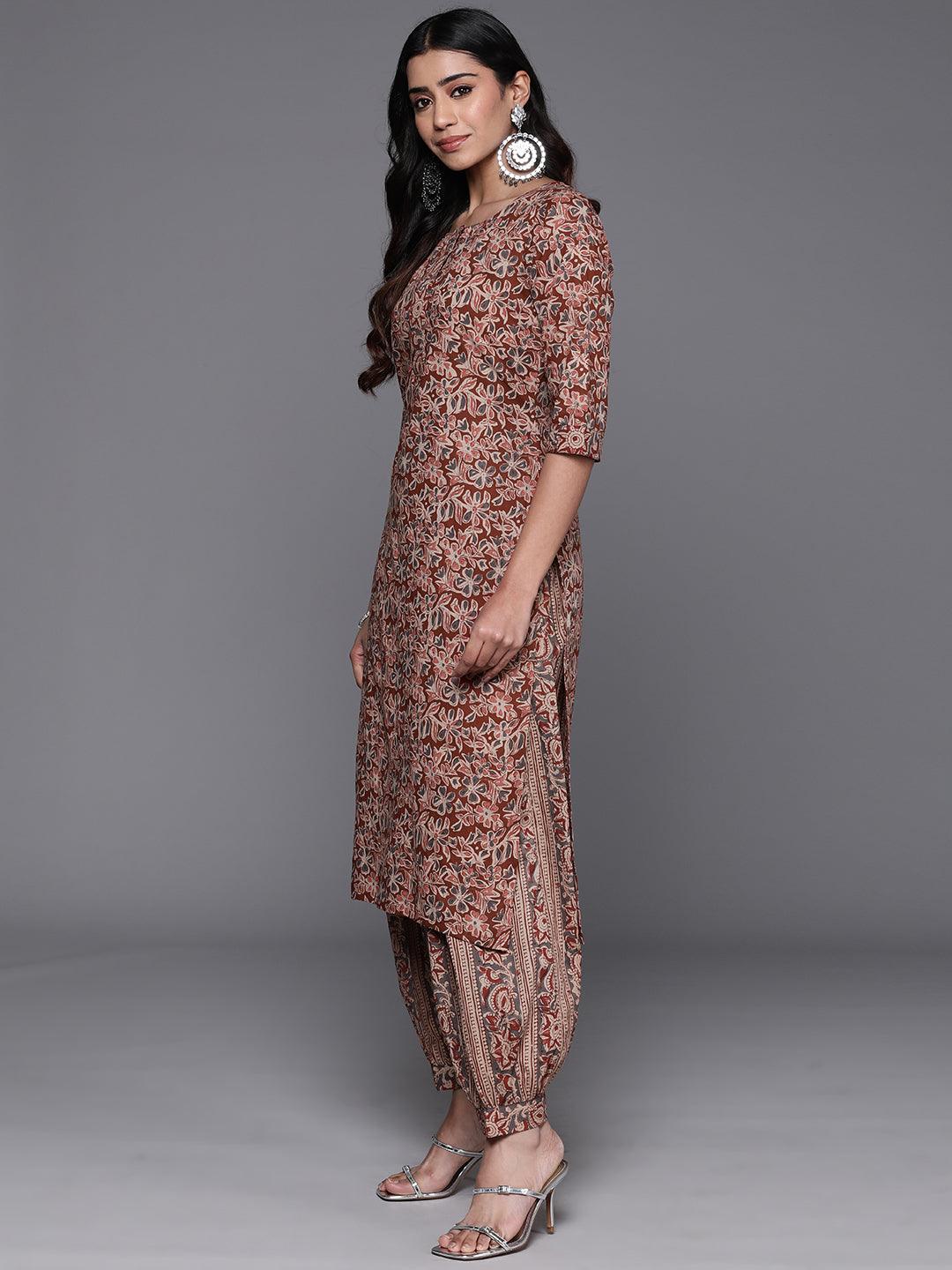 Rust Printed Cotton Straight Suit With Dupatta