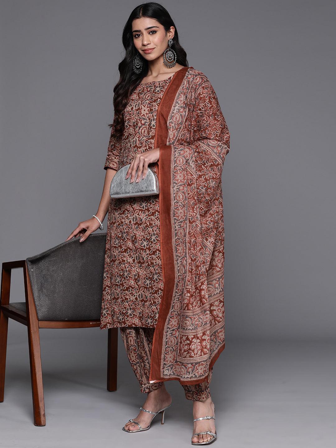 Rust Printed Cotton Straight Suit With Dupatta