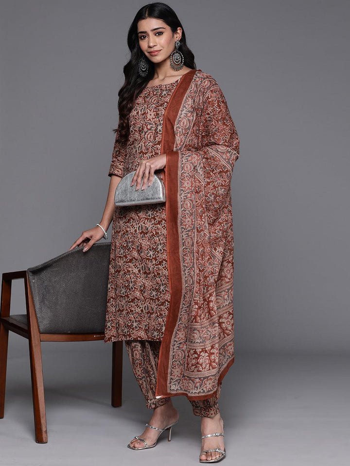 Rust Printed Cotton Straight Kurta With Salwar & Dupatta - ShopLibas