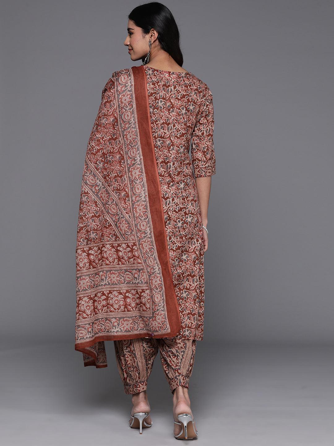 Rust Printed Cotton Straight Suit With Dupatta