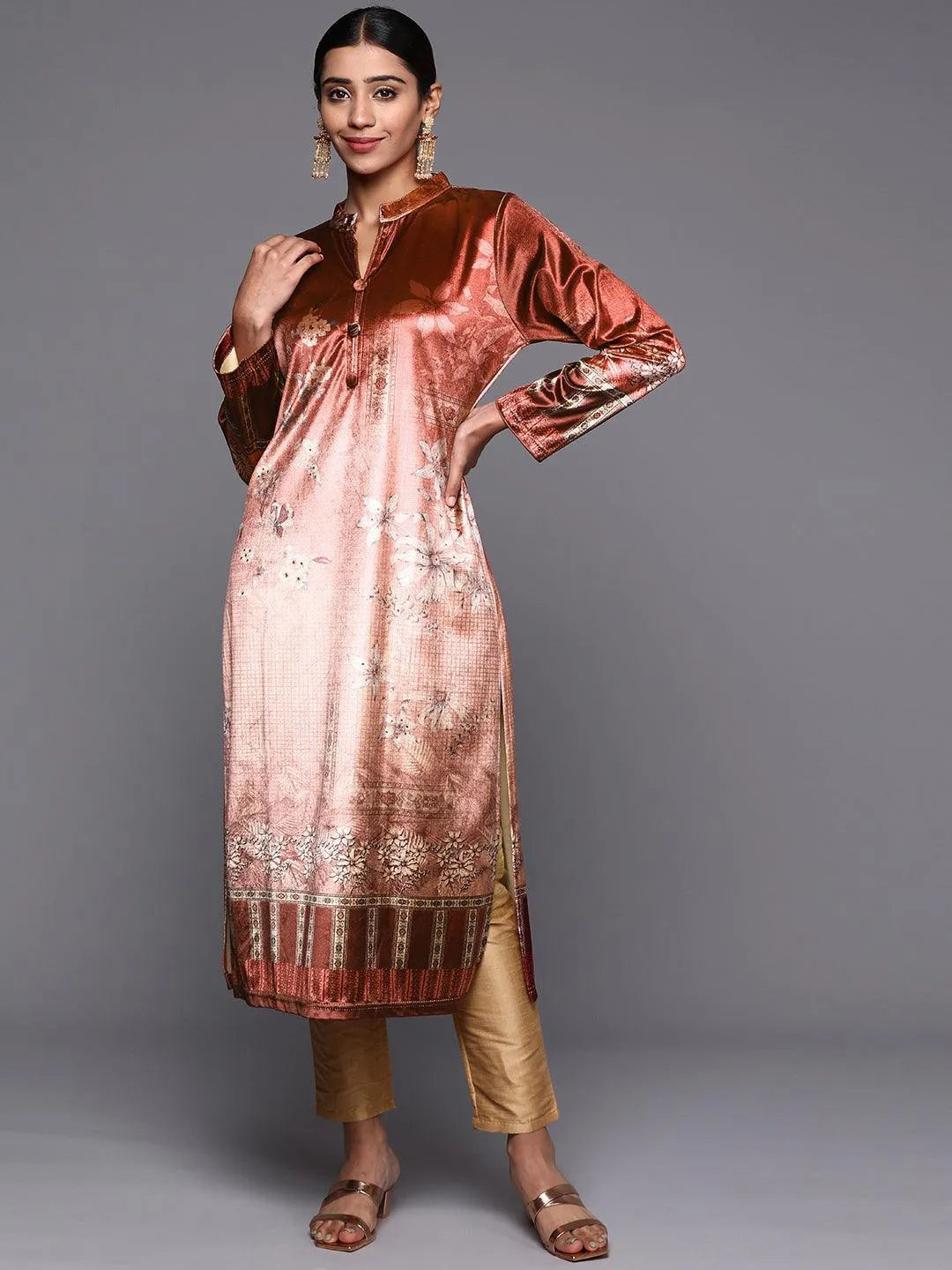 Rust Printed Velvet Straight Kurta - Libas