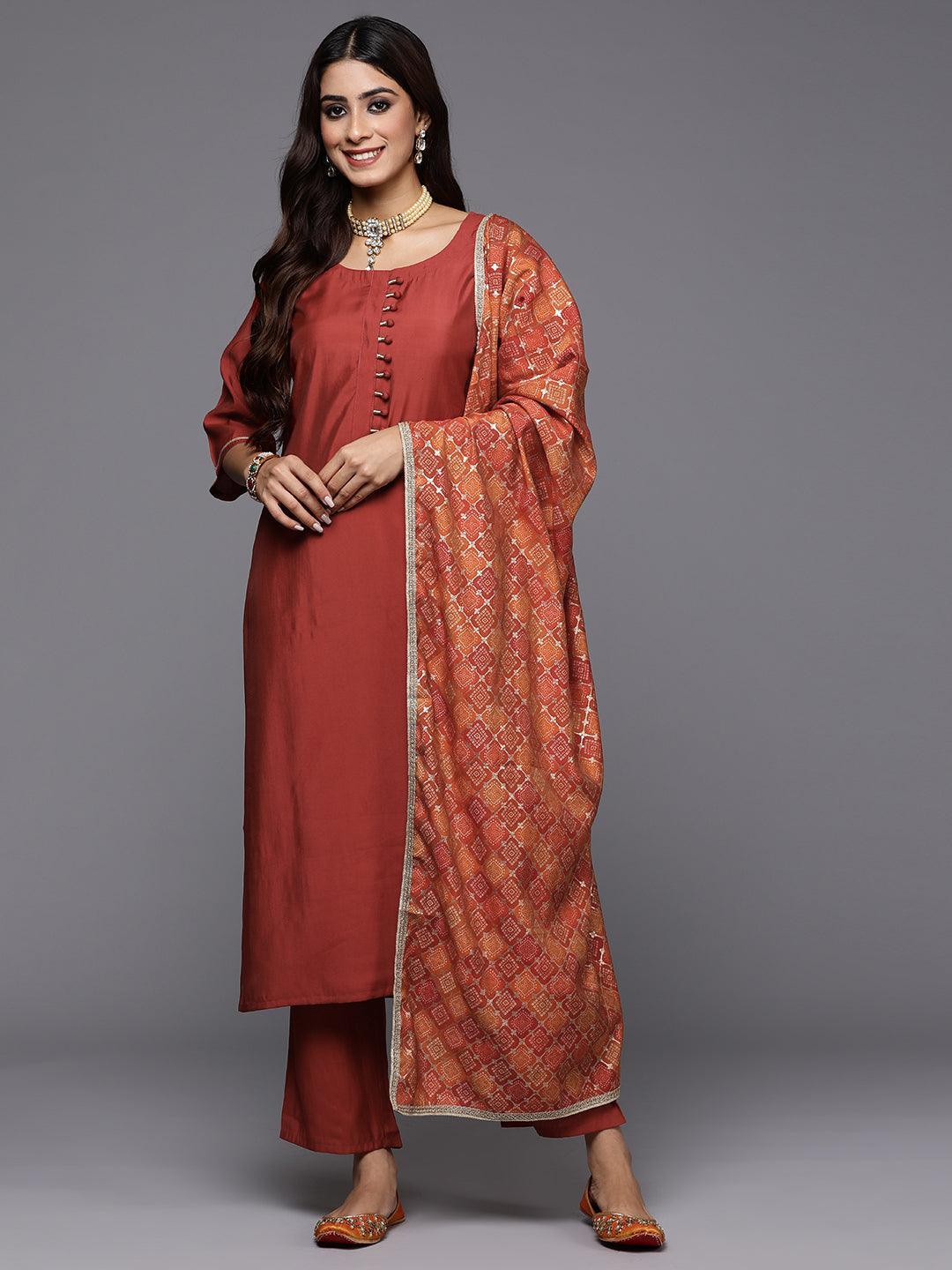 Rust Solid Silk Blend Straight Kurta With Trousers & Dupatta - Libas