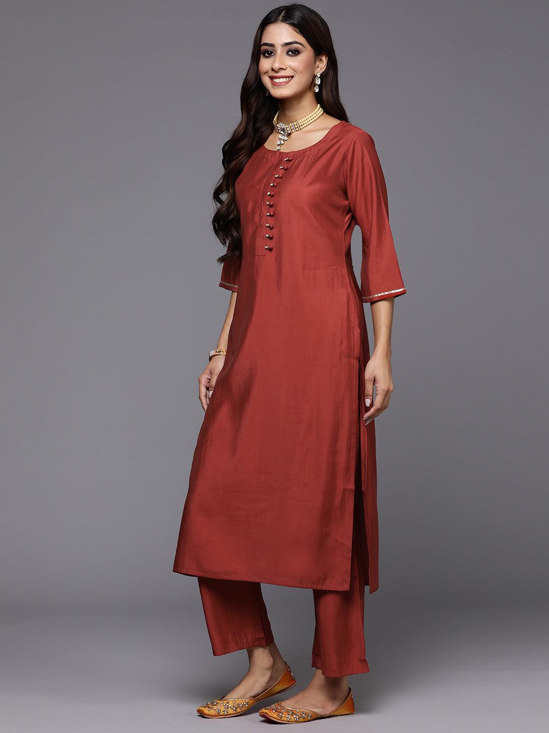 Rust Solid Silk Blend Straight Kurta With Trousers & Dupatta - Libas