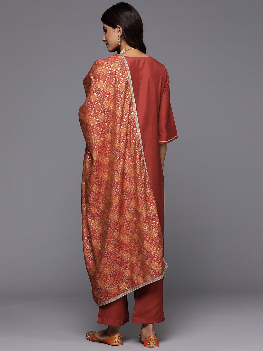 Rust Solid Silk Blend Straight Suit With Dupatta