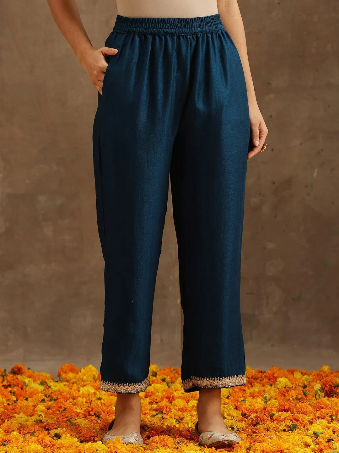 Teal Embroidered Silk Blend Suit Set With Trousers