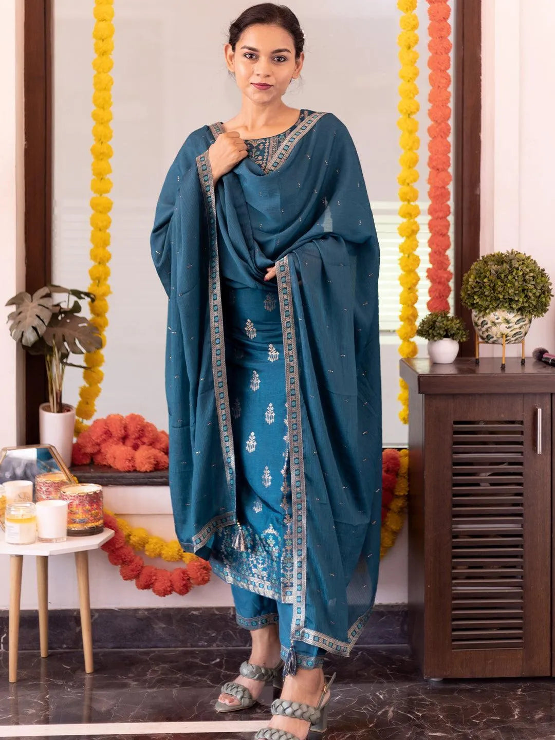 Teal Self Design Silk Suit Set