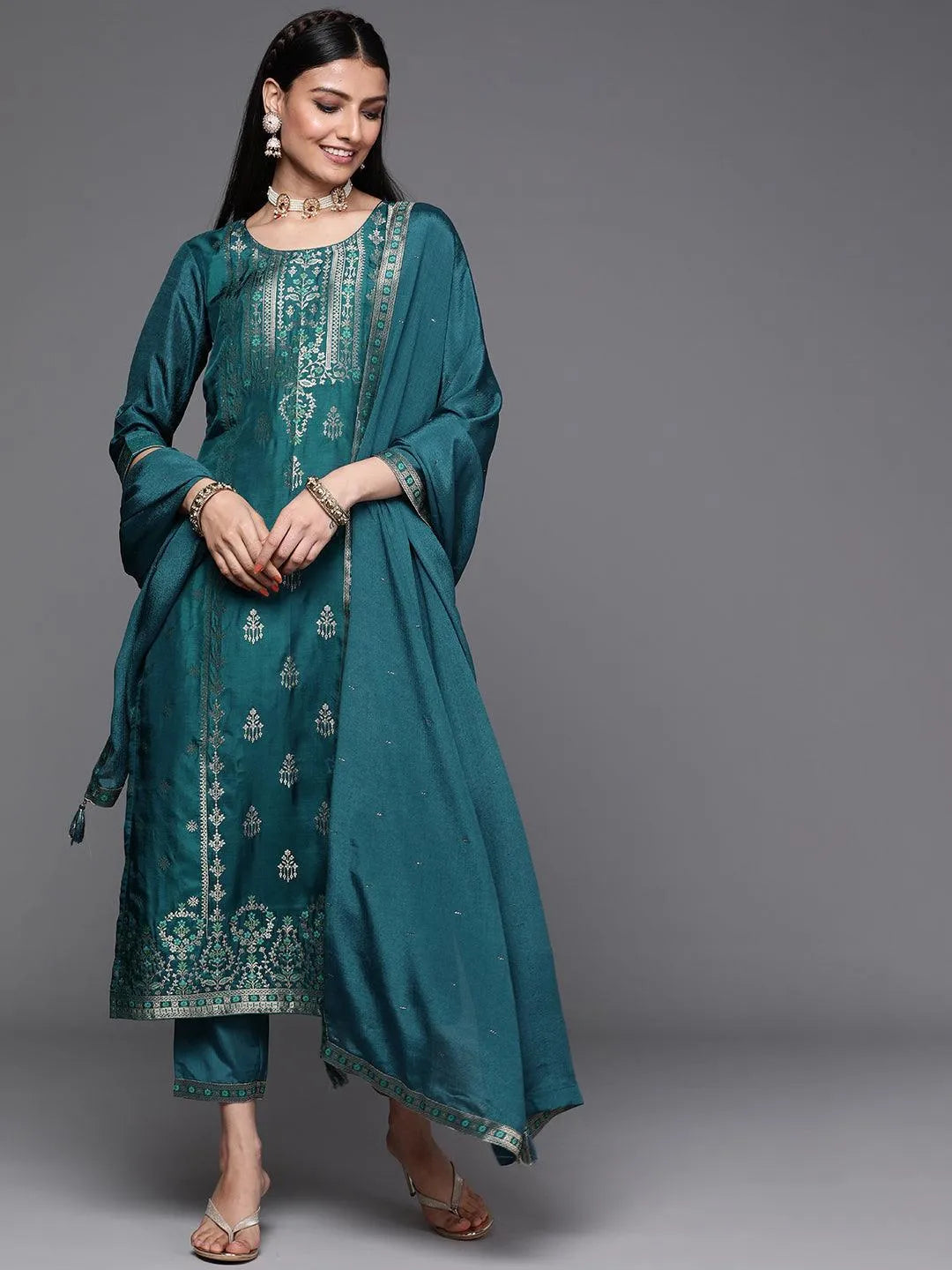 Teal Self Design Silk Suit Set - ShopLibas