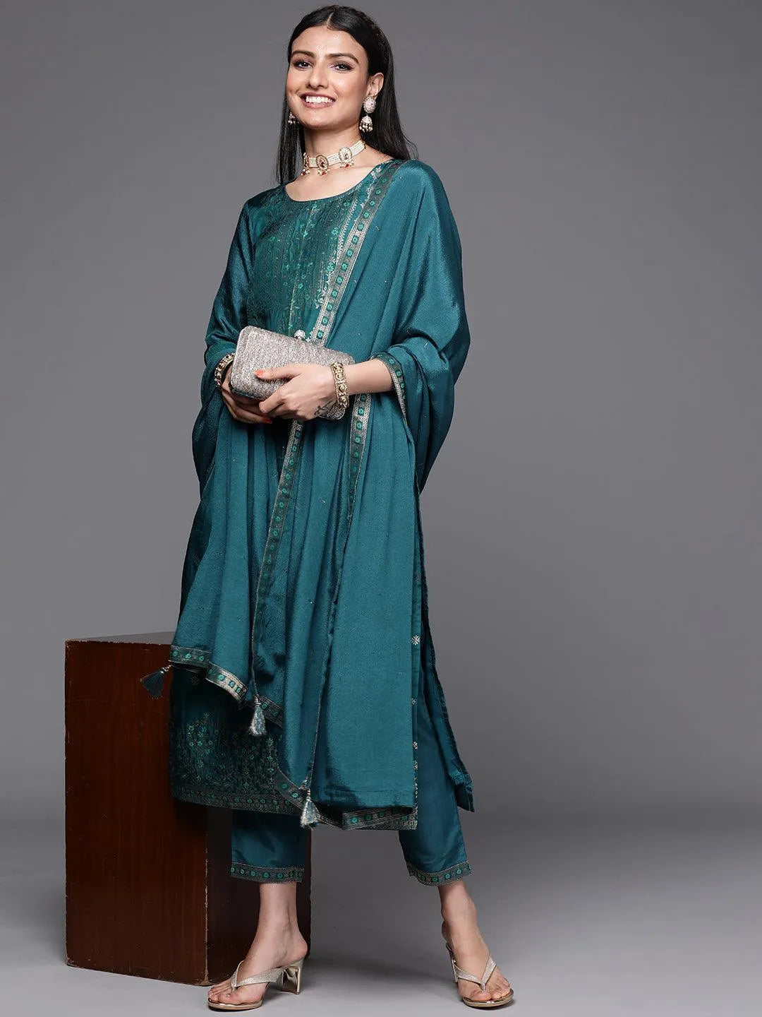 Teal Self Design Silk Suit Set