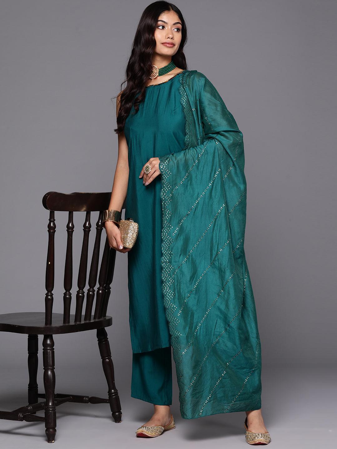 Teal Solid Silk Blend Straight Kurta With Trousers & Dupatta - Libas