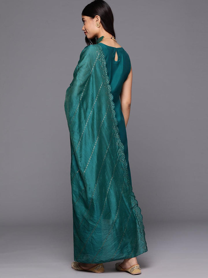 Teal Solid Silk Blend Straight Kurta With Trousers & Dupatta - Libas