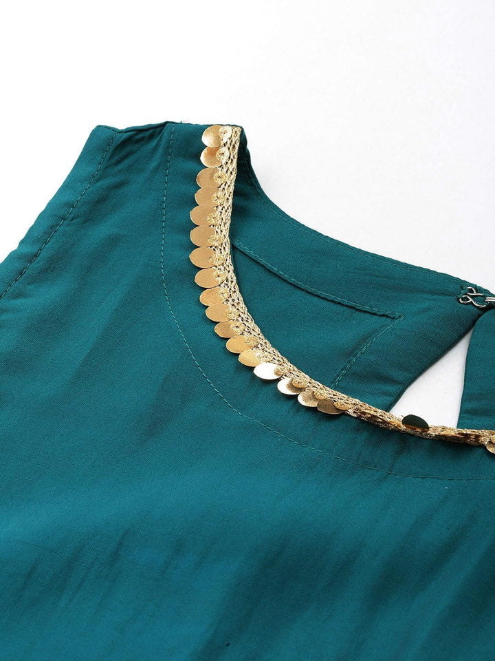 Teal Solid Silk Blend Straight Kurta With Trousers & Dupatta - Libas