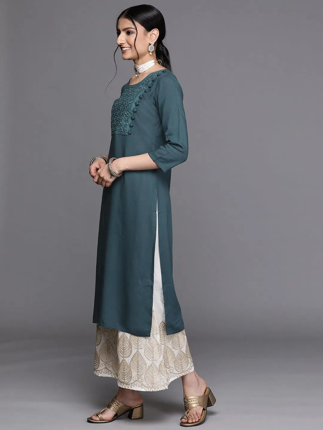 Teal Yoke Design Rayon Kurta - ShopLibas