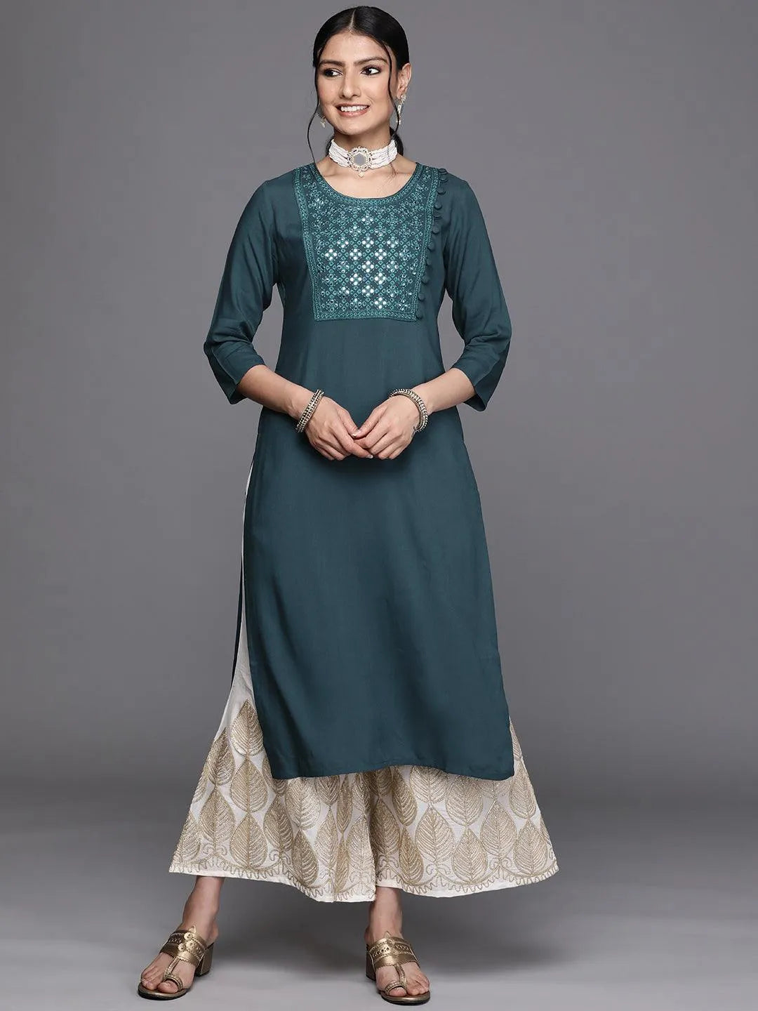 Teal Yoke Design Rayon Kurta - ShopLibas