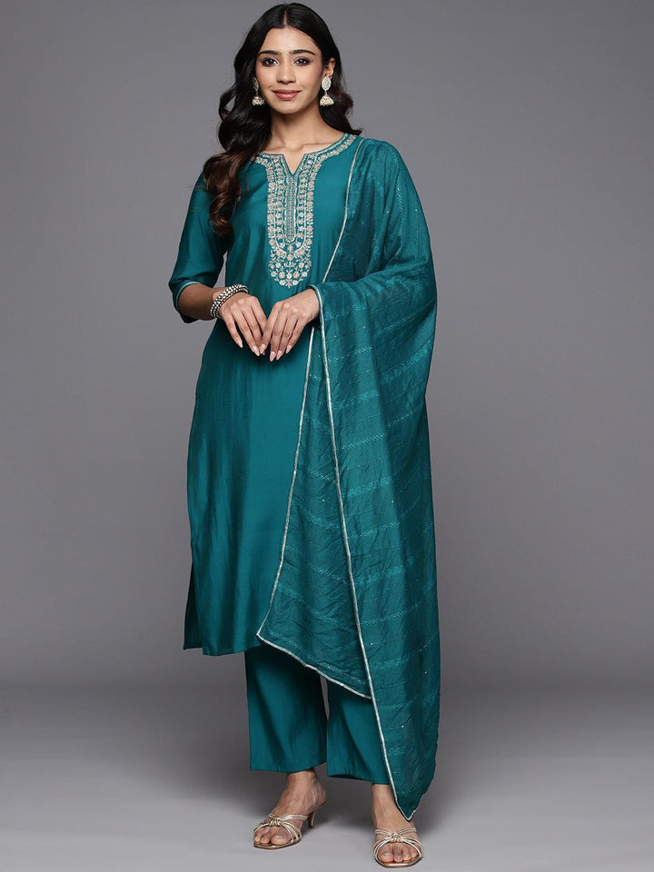 Teal Yoke Design Silk Blend Straight Kurta With Trousers & Dupatta - Libas