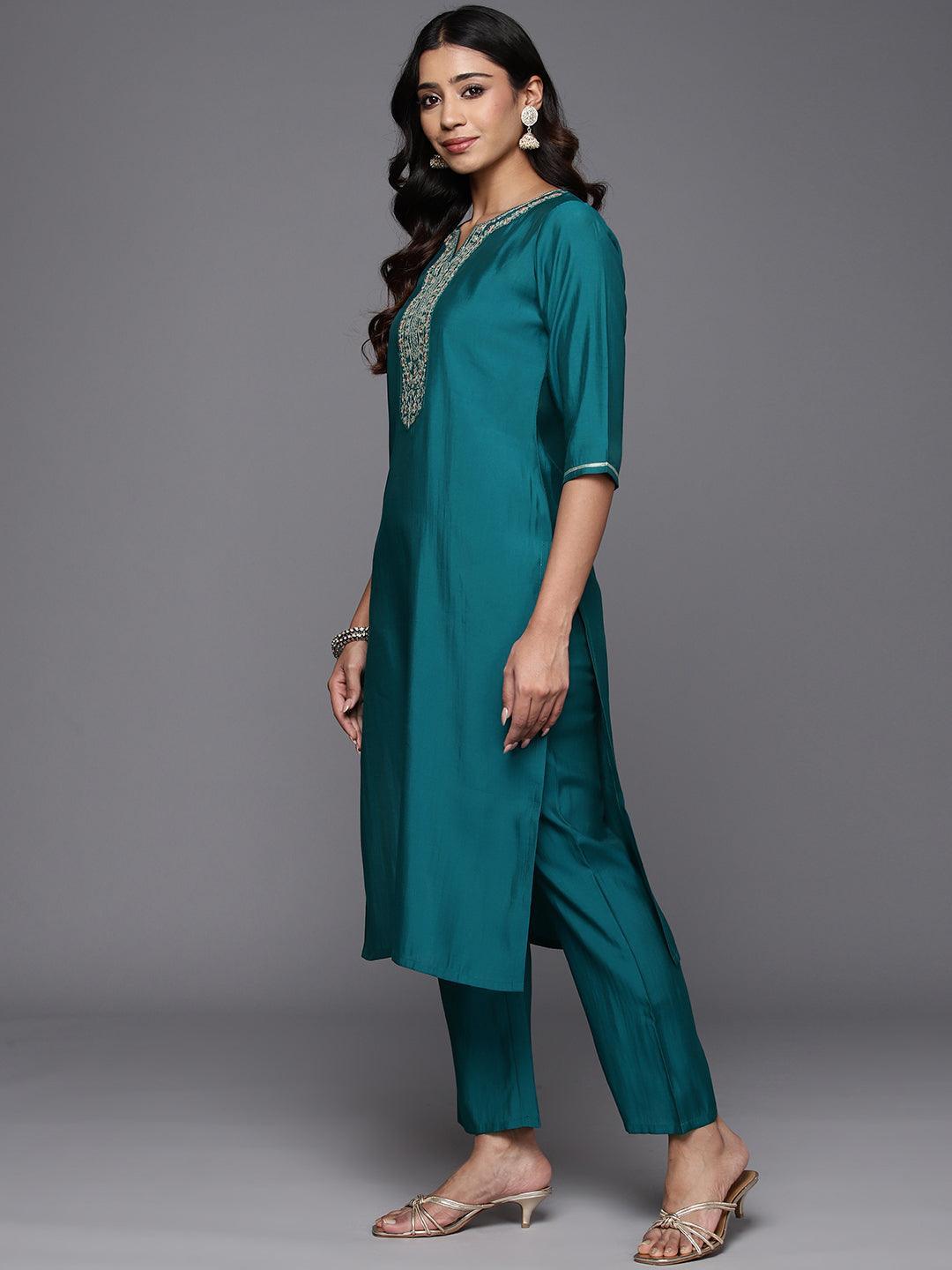 Teal Yoke Design Silk Blend Straight Kurta With Trousers & Dupatta - Libas