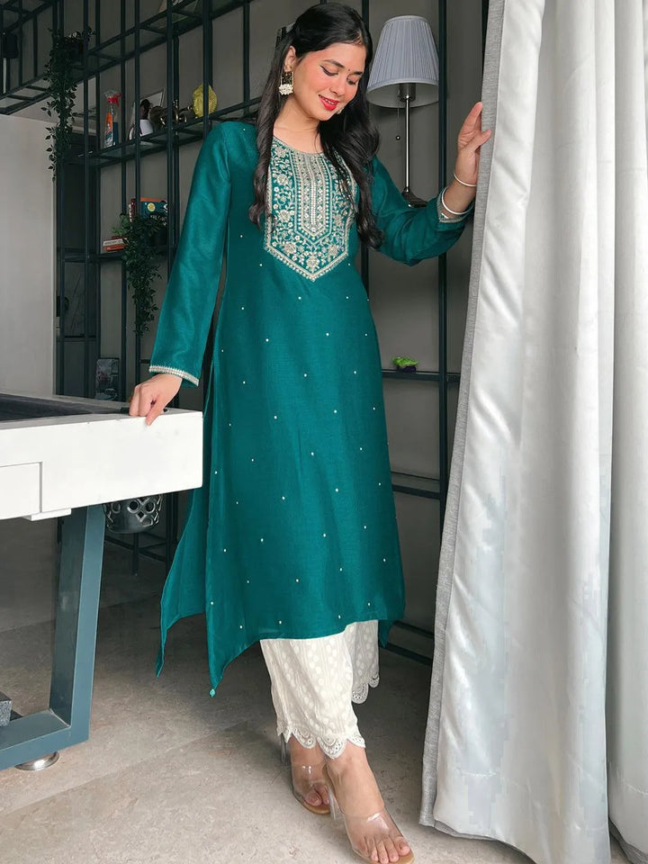 Teal Yoke Design Silk Kurta - ShopLibas