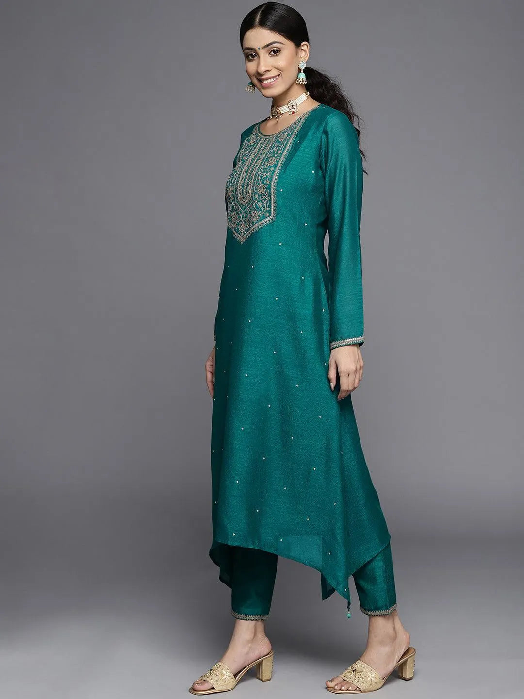 Teal Yoke Design Silk Kurta