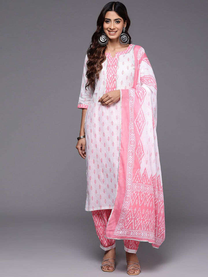 White Printed Cotton Straight Kurta With Salwar & Dupatta - ShopLibas