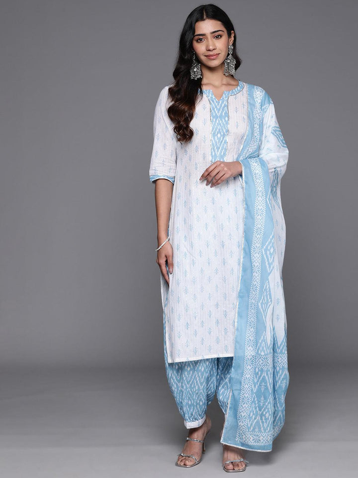 White Printed Cotton Straight Kurta With Salwar & Dupatta - ShopLibas