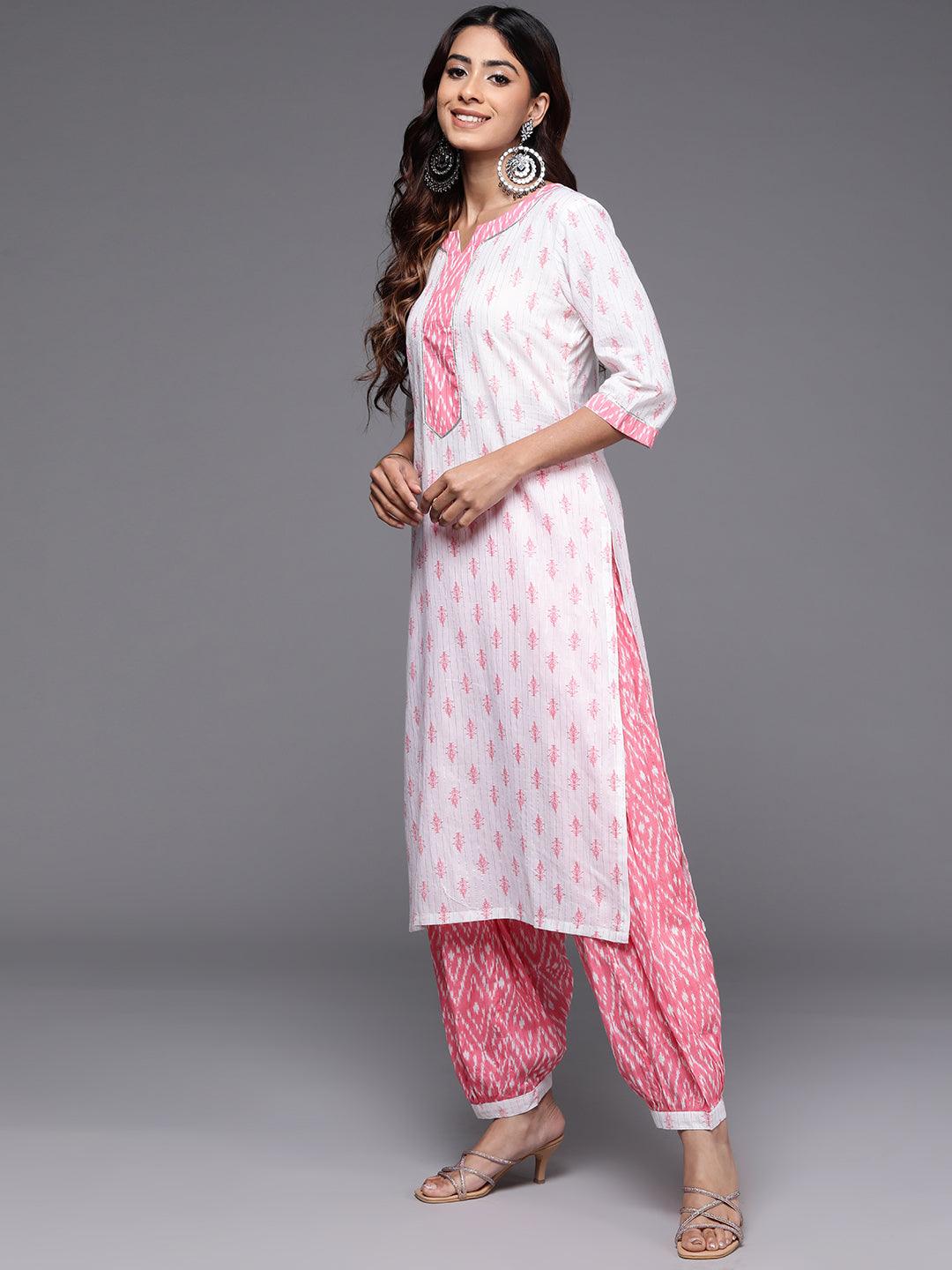 White Printed Cotton Straight Kurta With Salwar & Dupatta - ShopLibas