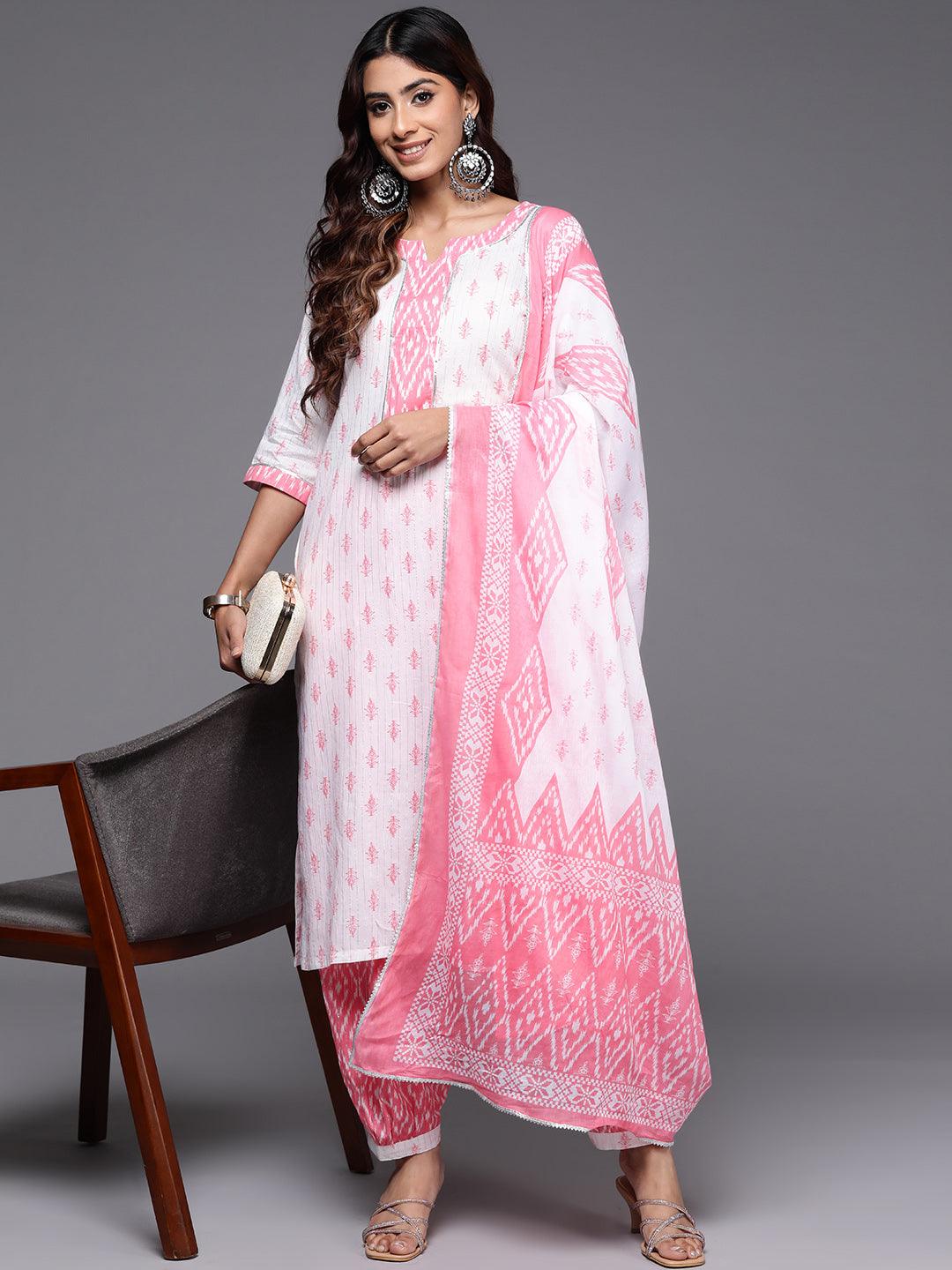 White Printed Cotton Straight Suit With Dupatta