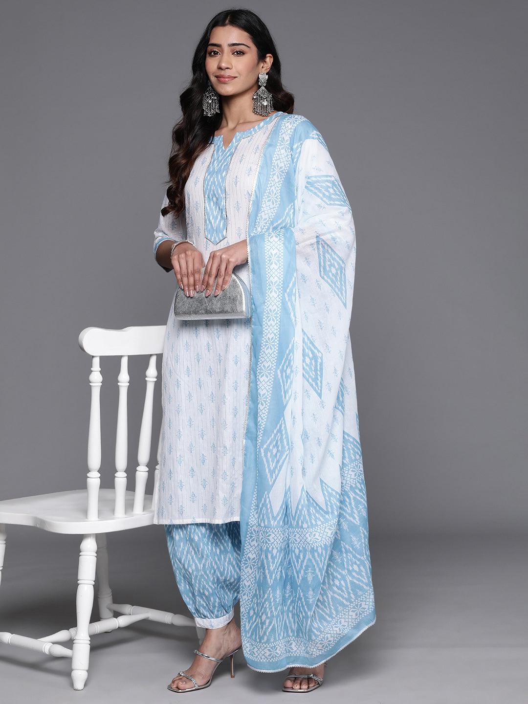 White Printed Cotton Straight Kurta With Salwar & Dupatta - ShopLibas