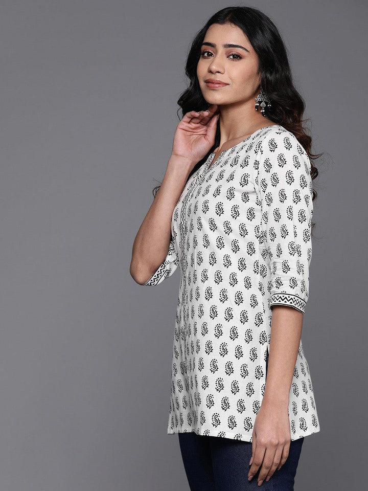 White Printed Cotton Straight Kurti - ShopLibas