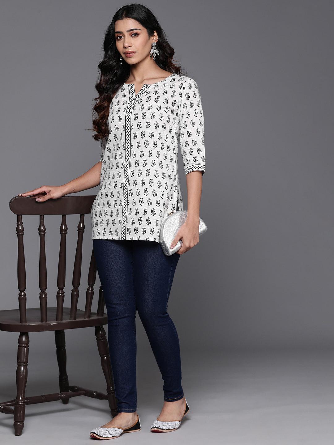 White Printed Cotton Straight Kurti - ShopLibas