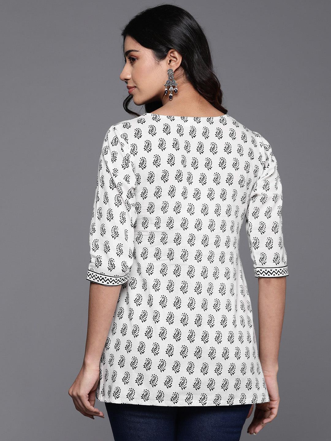 White Printed Cotton Straight Kurti